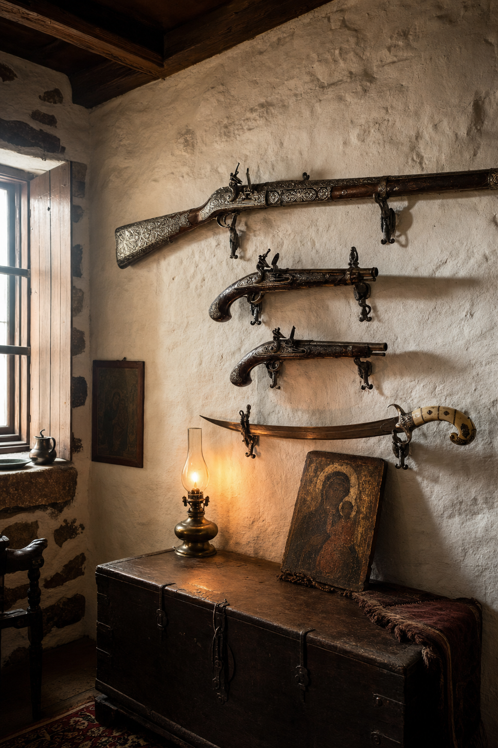 The chamber of arms — 1821 muskets and silver-chased pistols